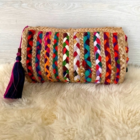 Shiraleah Mirabel Jute Tassel Clutch Multicolor Boho Hippie - Picture 1 of 16